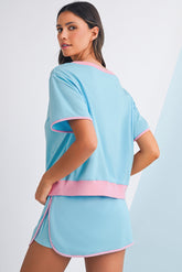 Turquoise Colorblock Edge Drop Shoulder T Shirt and Skort Set